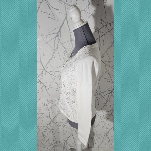 T Tahari White Eyelet Overlay Zip Front Blouse - Picture 2 of 4